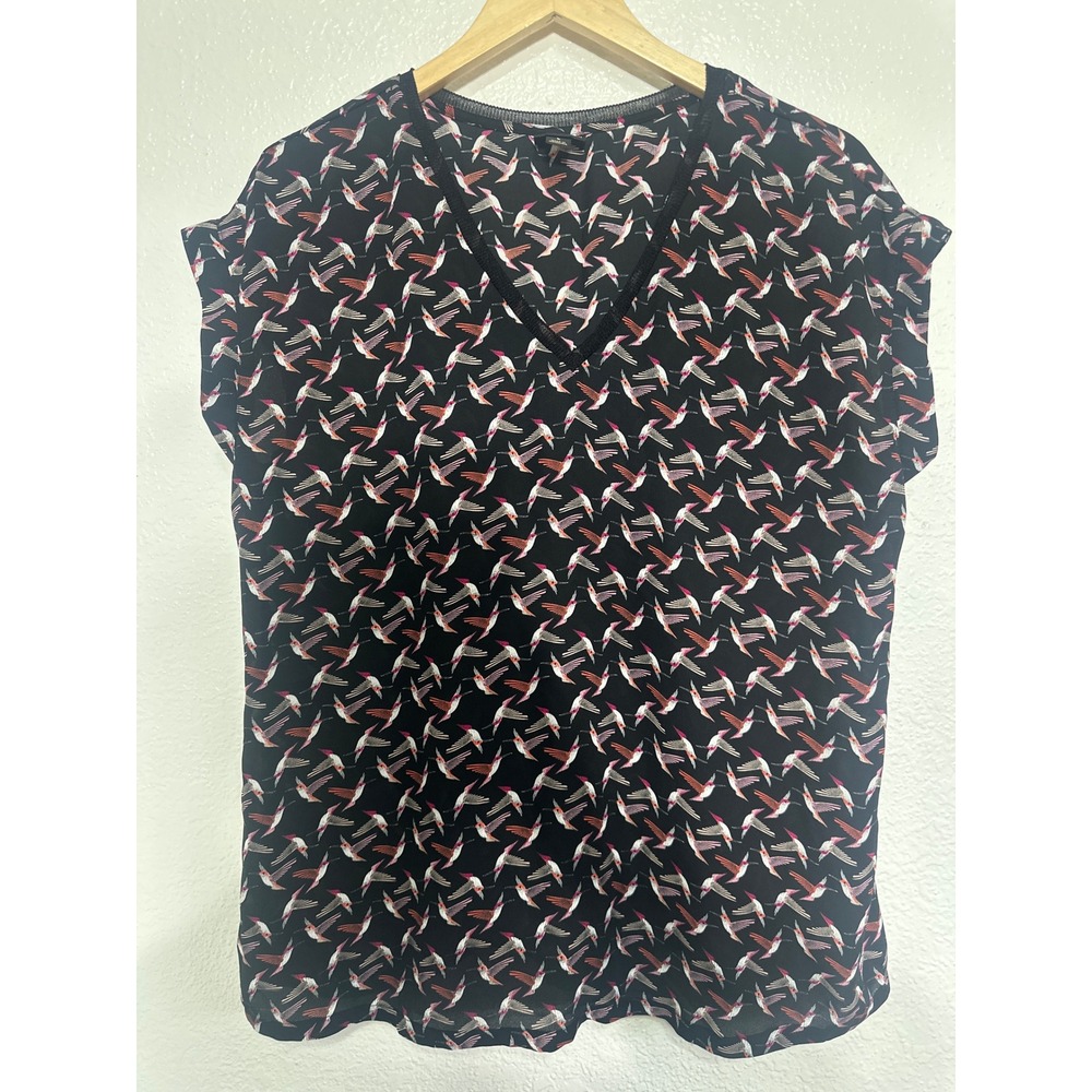 Worthington Womens Hummingbird Print V-Neck Blouse Black Pink Short Sleeve L